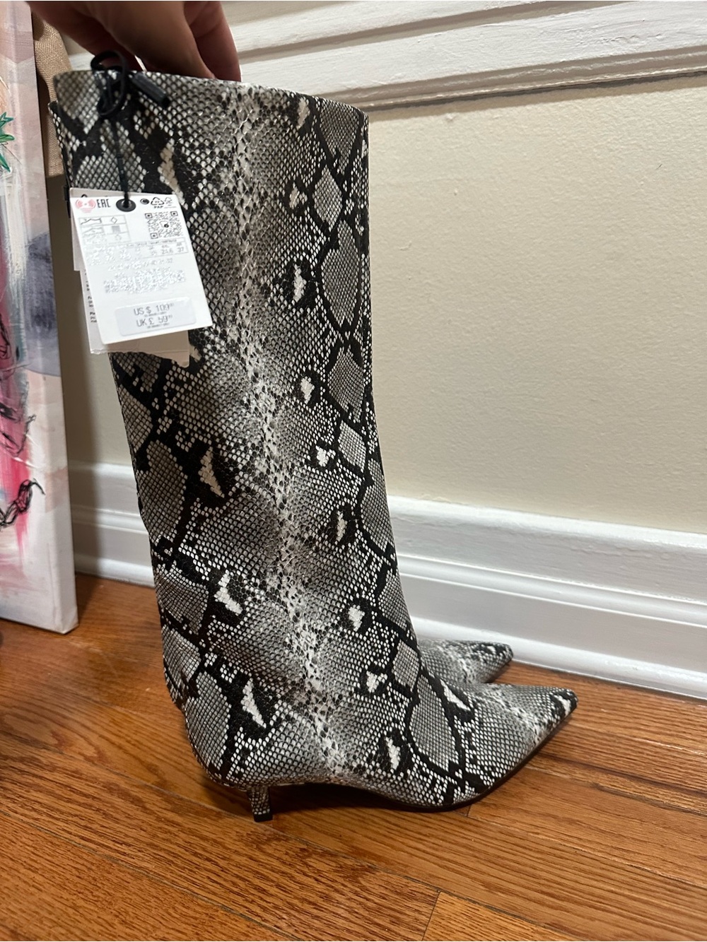 Zara Black and White Snake-Print Pointed Knee Boot